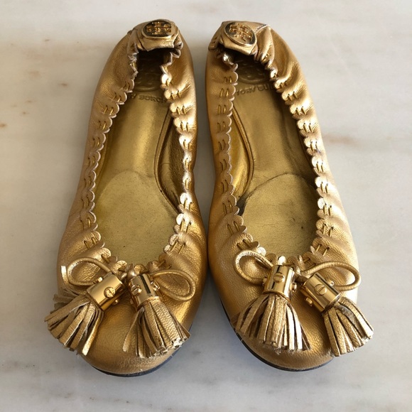 Tory Burch Shoes - TORY BURCH Gold Reese Tassel Leather Flats